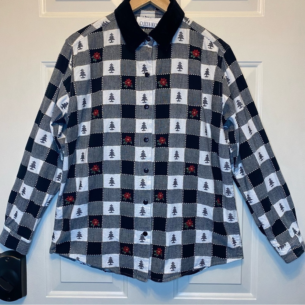 Vintage Casey & Max Sz M Christmas Plaid Blouse Shirt Velvet Collar